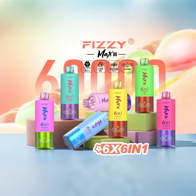 Główne zdjęcie jednorazowego vape'a Fizzy Max 60 000 zaciągnięć – wielosmakowy vape z możliwością ponownego napełniania, zapewniający 60 000 zaciągnięć