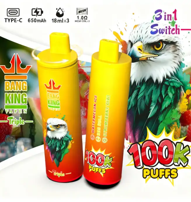 Jednorazowy e-papieros Bang King Triple 100K Puffs o smaku arbuza, Red Bulla, truskawki i kiwi – 100vaping