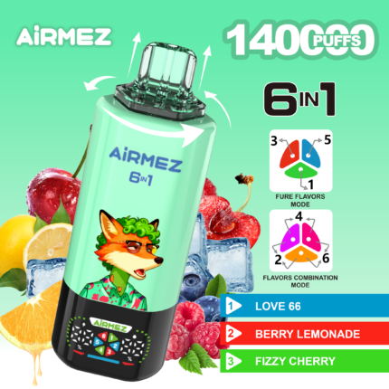 Airmez FOX 6 w 1, 140 tys. zaciągnięć, smak 1 – Love 66, lemoniada jagodowa, musująca wiśnia