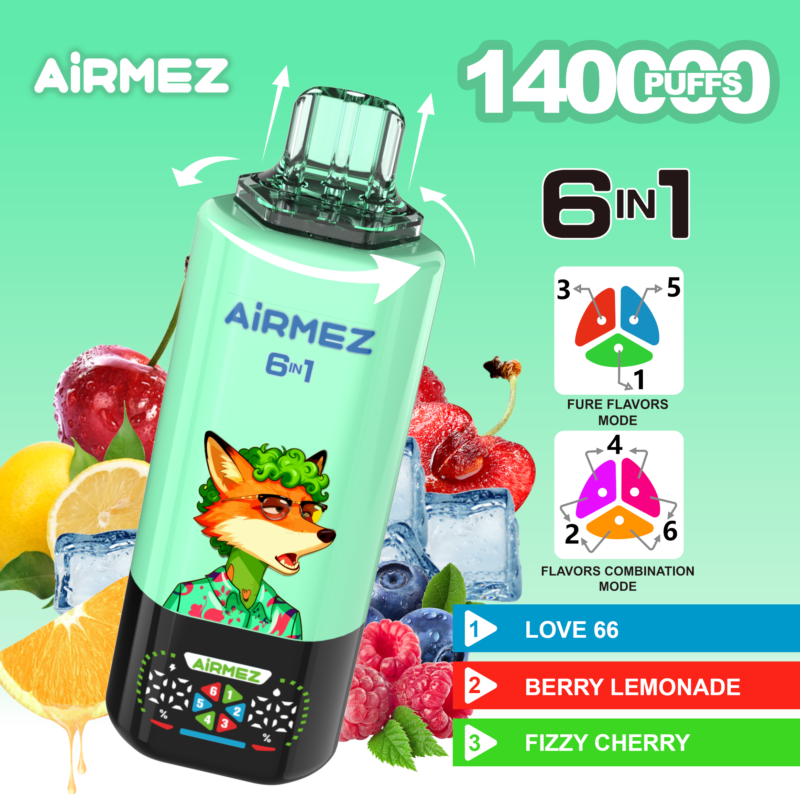 Airmez FOX 6 w 1, 140 tys. zaciągnięć, smak 1 – Love 66, lemoniada jagodowa, musująca wiśnia
