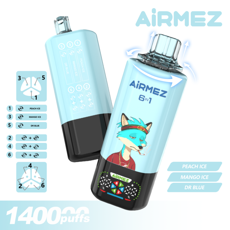 Airmez FOX 6 w 1, 140 000 zaciągnięć, smak 2 – mieszanka jagód, lemoniada Blue Razz, wiśnia i jagody