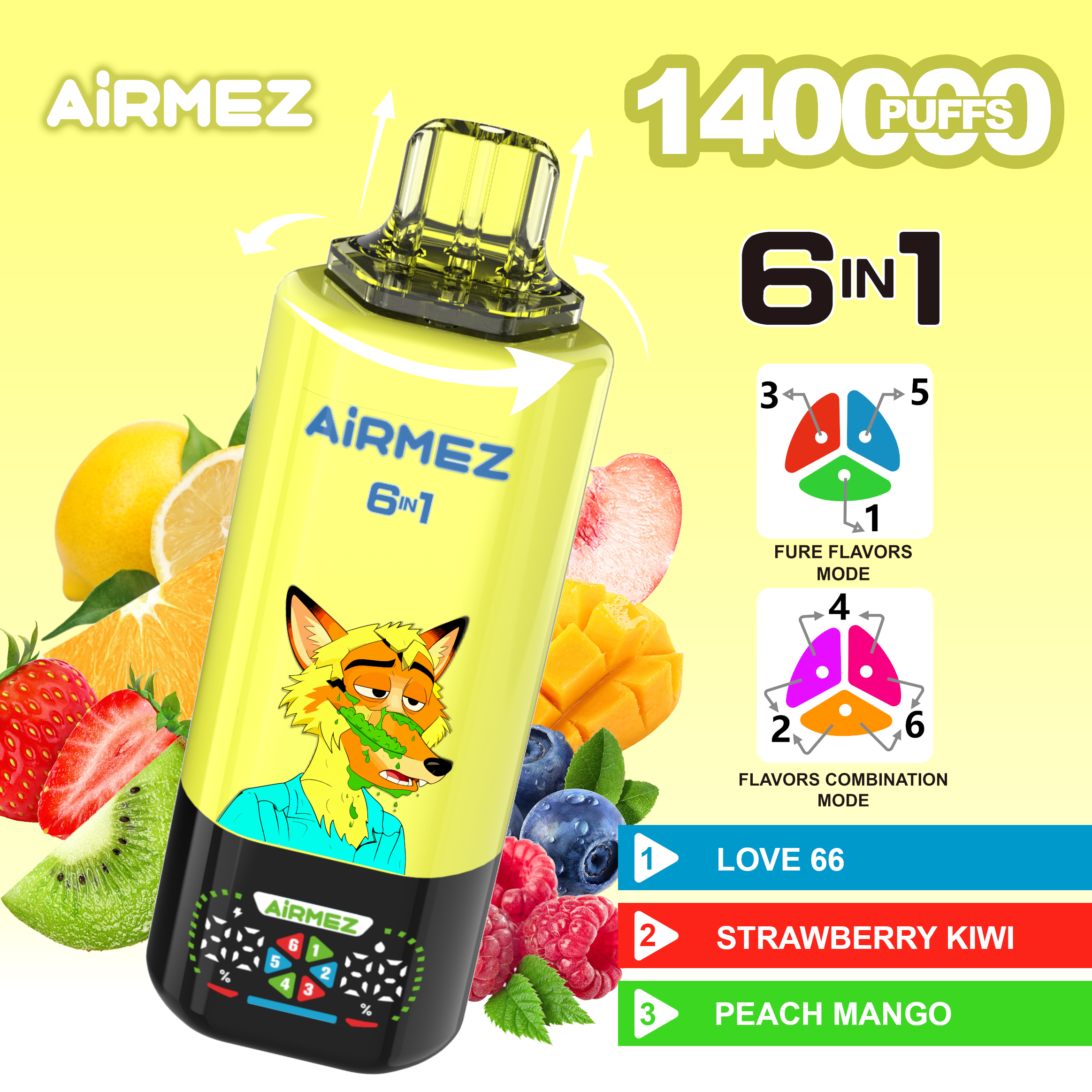 Airmez FOX 6 w 1, 140 tys. zaciągnięć, smak nr 7 – Truskawkowe lody, Różowa lemoniada, Bingo Crush