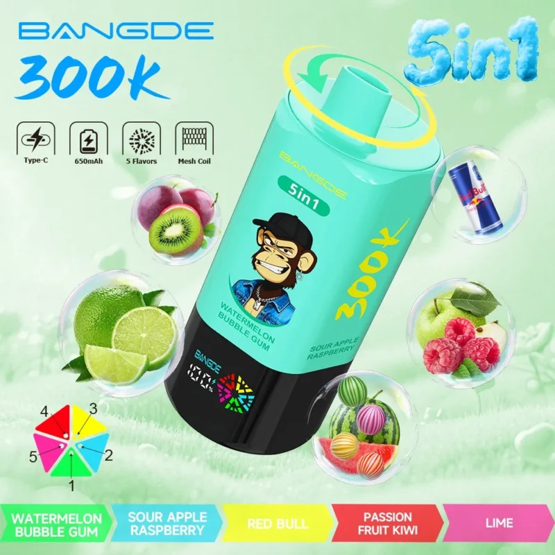 Bang DE 300 tys. zaciągnięć – zestaw 5 w 1 o smakach: arbuz, guma balonowa, kwaśne jabłko, malina, Red Bull, marakuja, kiwi, limonka – 100vaping