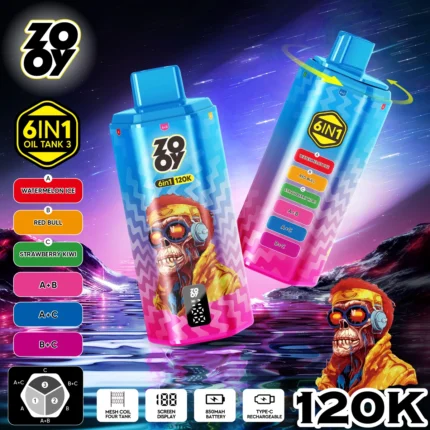 ZOOY 6 w 1, 120 000 zaciągnięć, jednorazowy vaporizer w opakowaniu ekspozycyjnym – 100vaping