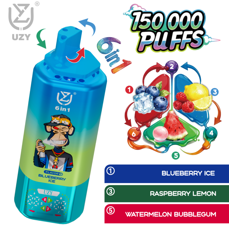 UZY 6 w 1 – jednorazowy e-papieros na 150 000 zaciągnięć, smaki: 2. Blueberry Ice, Raspberry Lemon i Watermelon Bubblegum
